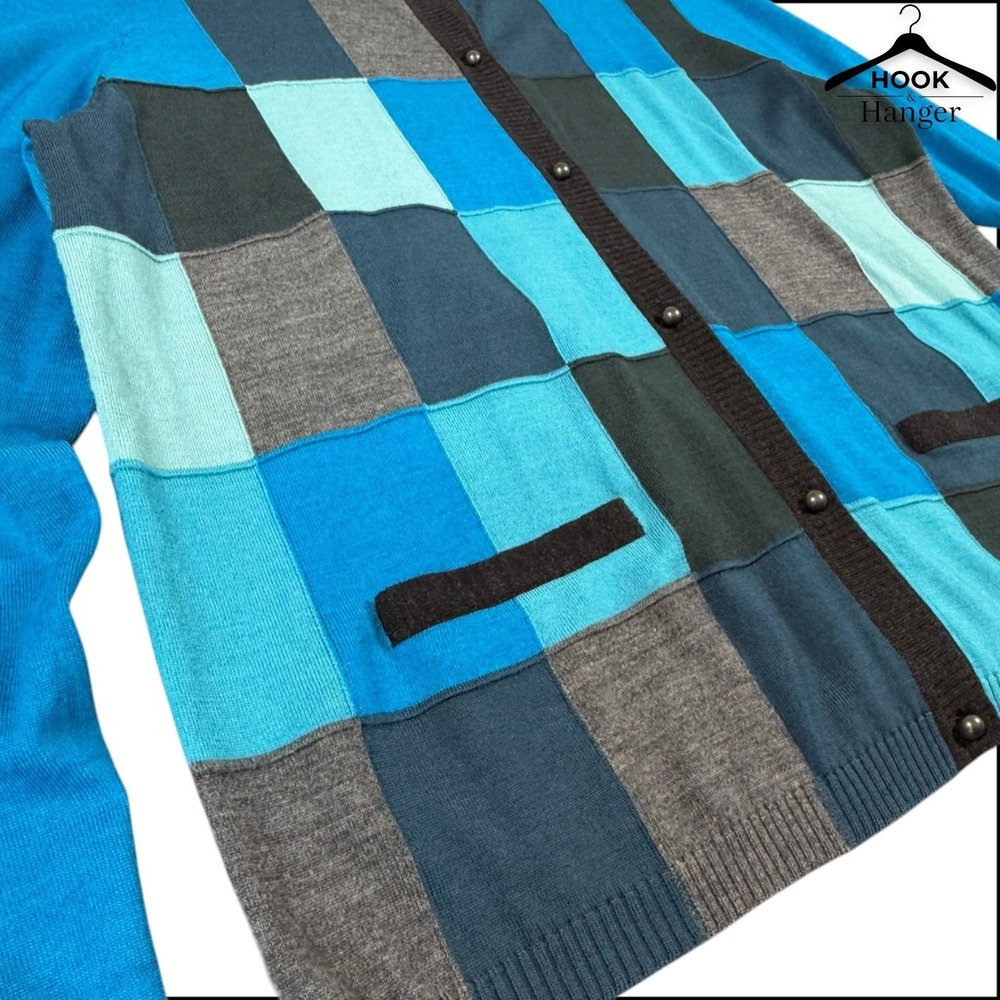 Akris Punto Luxury Patchwork Wool Cardigan 12 Teal Blue Gray Colorblock Sweater - Picture 4 of 9